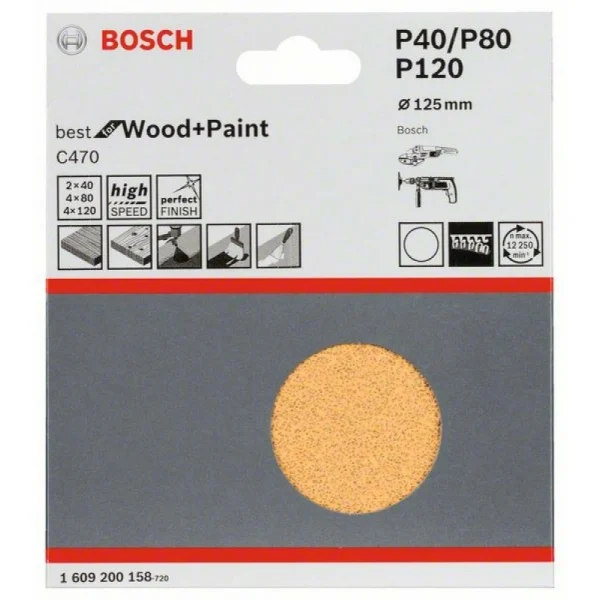 Набор из 10 шлифлистов C470 125 мм, 2x40; 4x80; 4x120 Bosch 1609200158 — изображение 2