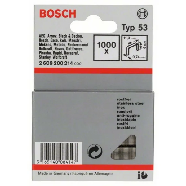 Тонкая металлическая скоба тип 53, нержав. сталь 11,4x0,74x6 мм Bosch 2609200214 — изображение 2