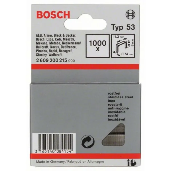 Тонкая металлическая скоба тип 53, нержав. сталь 11,4x0,74x8 мм Bosch 2609200215 — изображение 2