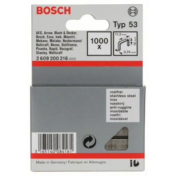 Тонкая металлическая скоба тип 53, нержав. сталь 11,4x0,74x10 мм Bosch 2609200216 — изображение 2