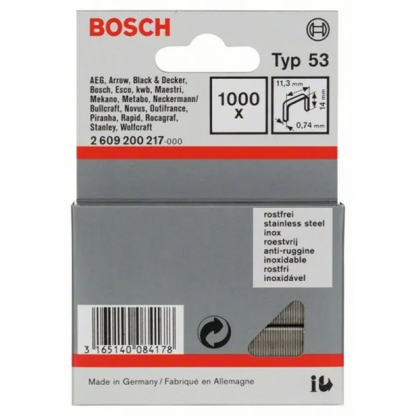Тонкая металлическая скоба тип 53, нержав. сталь 11,4x0,74x14 мм Bosch 2609200217 — изображение 2