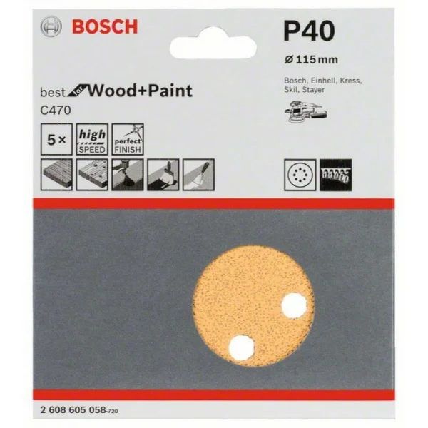 Набор шлифлистов (5 шт) C470 Best for Wood+Paint 8 отв. 115 мм K40 Bosch 2608605058 — изображение 2