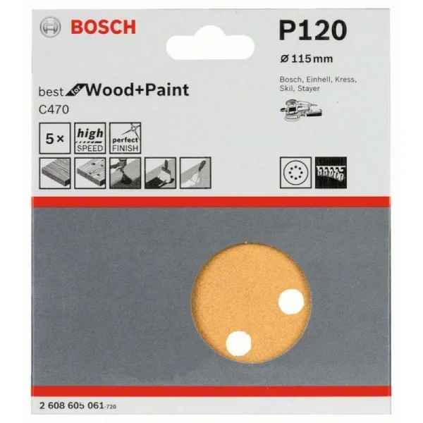 Набор шлифлистов (5 шт) C470 Best for Wood+Paint 8 отв. 115 мм K120 Bosch 2608605061 — изображение 2