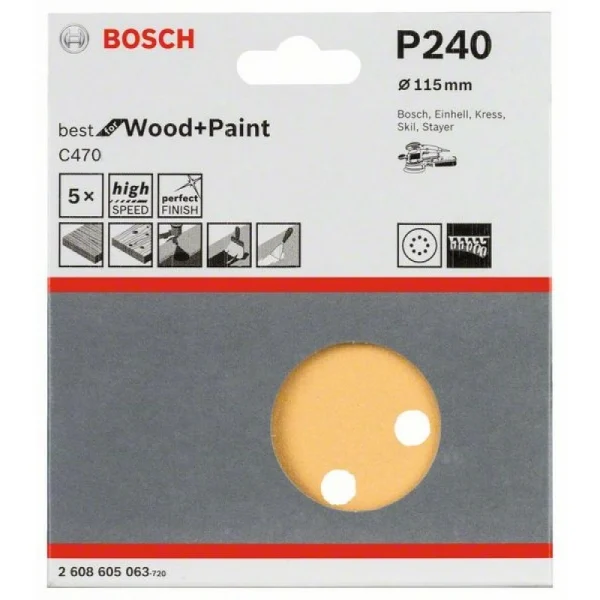 Набор шлифлистов (5 шт) C470 Best for Wood+Paint 8 отв. 115 мм K240 Bosch 2608605063 — изображение 2