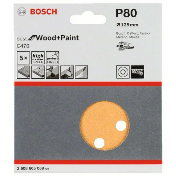 Круглая шлифбумага Bosch 2.608.605.069 (125 мм; К80; 5 шт; для дерева, металла) — изображение 2