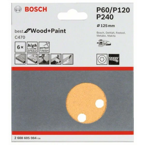 Набор шлифлистов (6 шт) C470 Best for Wood+Paint 8 отв. 125 мм K60/120/240 Bosch 2608605084 — изображение 2