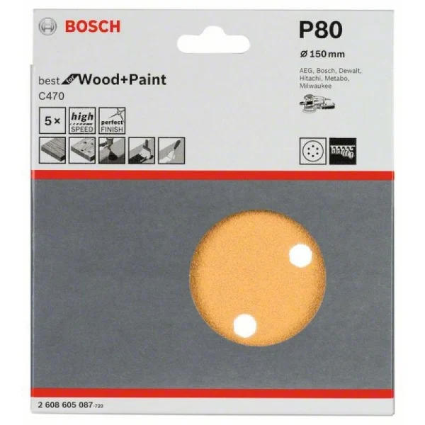 Набор шлифлистов (5 шт) C470 Best for Wood+Paint 6 отв. 150 мм K80 Bosch 2608605087 — изображение 2