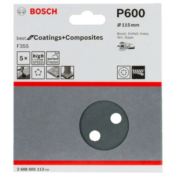 Шлифлист F355, в упаковке 5шт. 115 мм, 600 Bosch 2608605113 — изображение 2