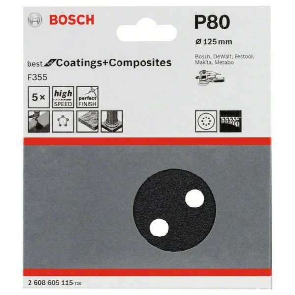 Шлифлист F355, в упаковке 5шт. 125 мм, 80 Bosch 2608605115 — изображение 2