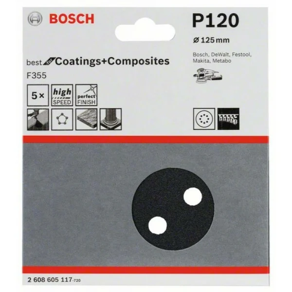 Шлифлист F355, в упаковке 5шт. 125 мм, 120 Bosch 2608605117 — изображение 2