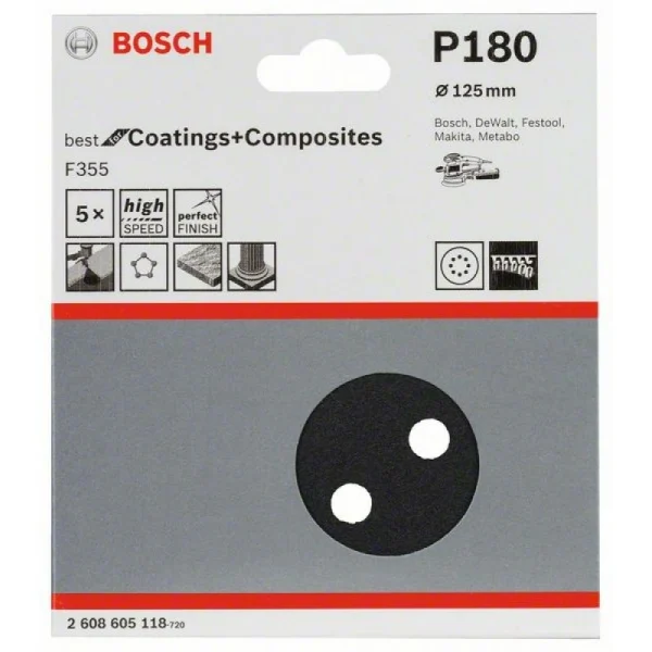 Шлифлист F355, в упаковке 5шт. 125 мм, 180 Bosch 2608605118 — изображение 2