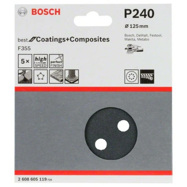 Шлифлист F355, в упаковке 5шт. 125 мм, 240 Bosch 2608605119 — изображение 2