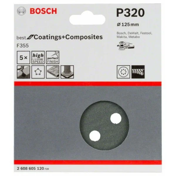 Шлифлист F355, в упаковке 5шт. 125 мм, 320 Bosch 2608605120 — изображение 2