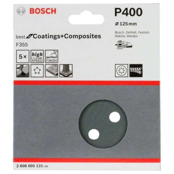 Шлифлист F355, в упаковке 5шт. 125 мм, 400 Bosch 2608605121 — изображение 2