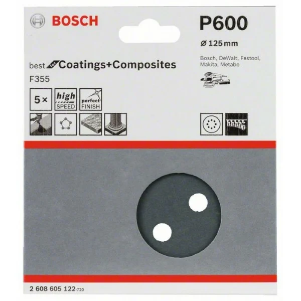 Шлифлист F355, в упаковке 5шт. 125 мм, 600 Bosch 2608605122 — изображение 2