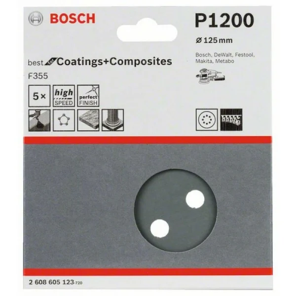 Шлифлист F355, в упаковке 5шт. 125 мм, 1200 Bosch 2608605123 — изображение 2