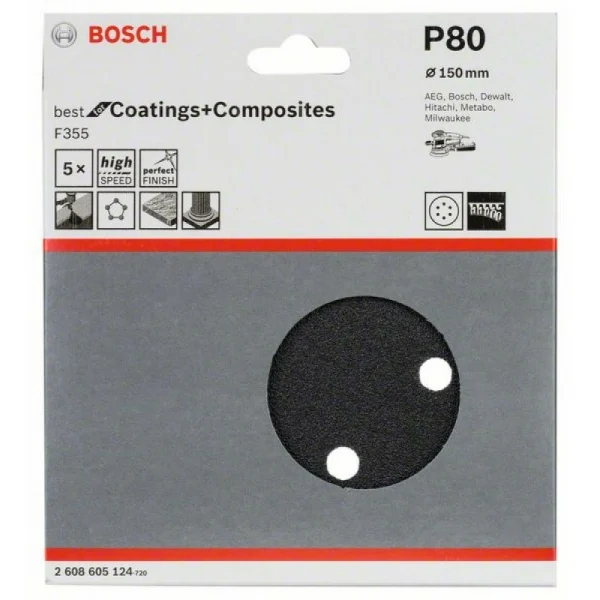 Шлифлист F355, в упаковке 5шт. 150 мм, 80 Bosch 2608605124 — изображение 2