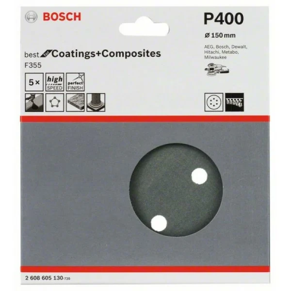 Шлифлист F355, в упаковке 5шт. 150 мм, 400 Bosch 2608605130 — изображение 2