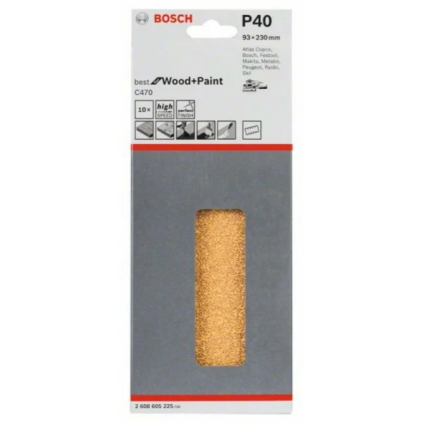 10 шлифлистов C470 Best for Wood+Paint 8 отв. 93x230 К40 Bosch 2608605225 — изображение 2