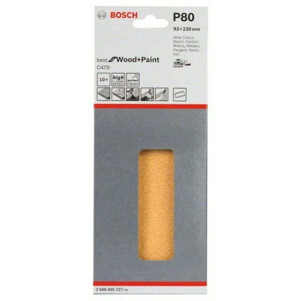 10 шлифлистов C470 Best for Wood+Paint 8 отв. 93x230 К80 Bosch 2608605227 — изображение 2
