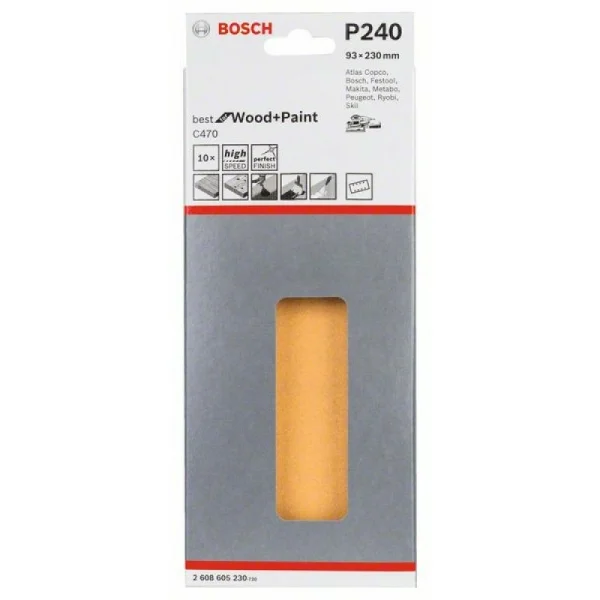 10 шлифлистов C470 Best for Wood+Paint 8 отв. 93x230 К240 Bosch 2608605230 — изображение 2