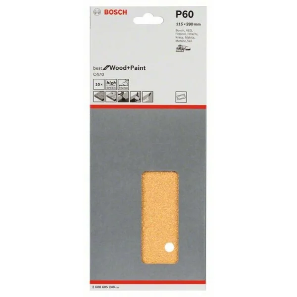 10 шлифлистов C470 Best for Wood+Paint 14 отв. 115x280 К60 Bosch 2608605240 — изображение 2