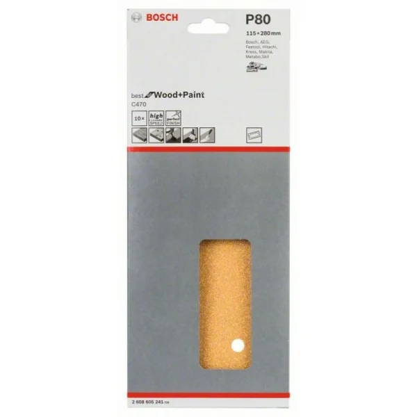 10 шлифлистов C470 Best for Wood+Paint 14 отв. 115x280 К80 Bosch 2608605241 — изображение 2