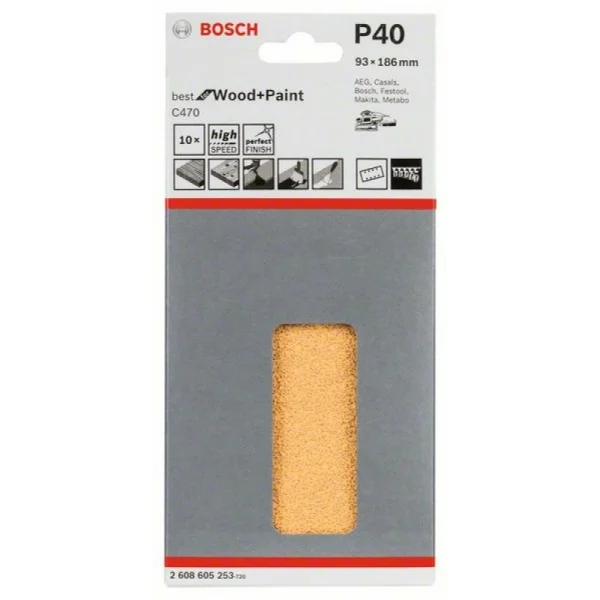 Шлифлист C470, в упаковке 10шт. 93x186 мм, 40 Bosch 2608605253 — изображение 2