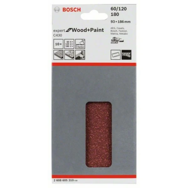 Шлифлист C430, в упаковке 10шт. 93x186 мм, 4x60; 4x120; 2x180 Bosch 2608605310 — изображение 2