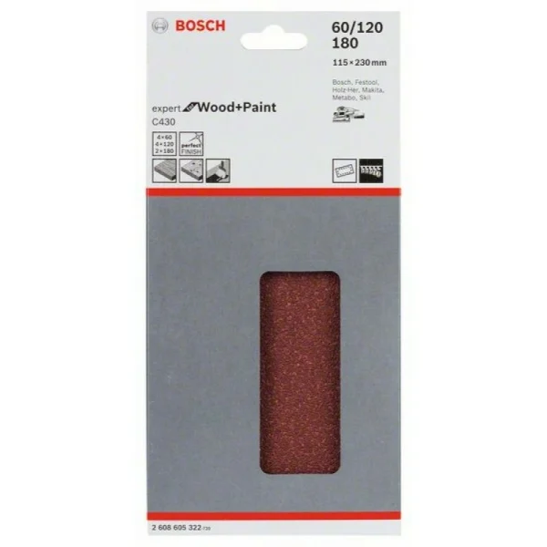Шлифлист C430, в упаковке 10шт. 115x230 мм, 4x60; 4x120; 2x180 Bosch 2608605322 — изображение 2
