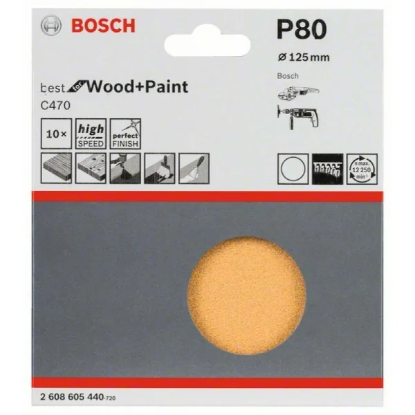Набор из 10 шлифлистов C470 125 мм, 80 Bosch 2608605440 — изображение 2