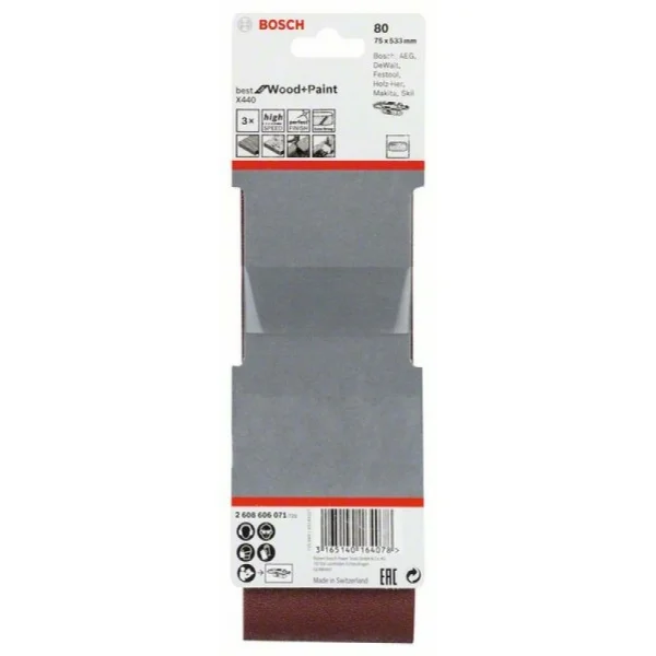 Набор из 3 шлифлент X440 75x533мм, 80 Bosch 2608606071 — изображение 2