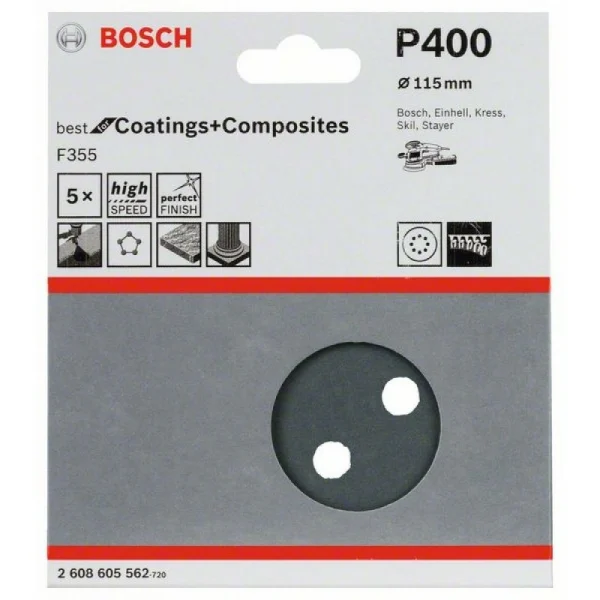 Шлифлист F355, в упаковке 5шт. 115 мм, 400 Bosch 2608605562 — изображение 2