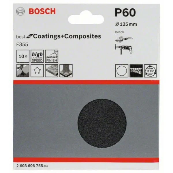 Набор из 10 шлифлистов F355 125 мм, 60 Bosch 2608606755 — изображение 2