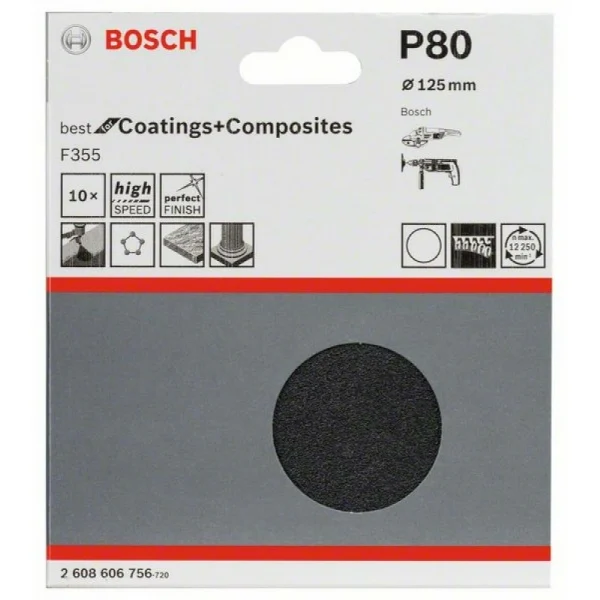 Набор из 10 шлифлистов F355 125 мм, 80 Bosch 2608606756 — изображение 2