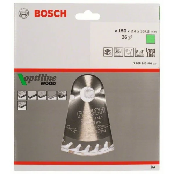 Пильный диск Optiline Wood 150x20/16x2,4 мм, 36 Bosch 2608640593 — изображение 2