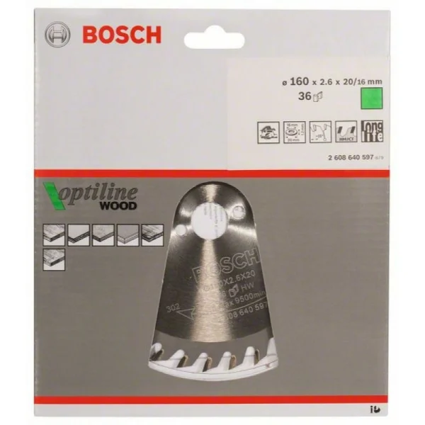 Пильный диск Optiline Wood 160 x 20/16 x 2,6 mm, 36 Bosch 2608640597 — изображение 2