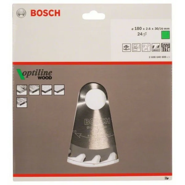 Пильный диск Optiline Wood 180x30/20x2,6 мм, 24 Bosch 2608640608 — изображение 2