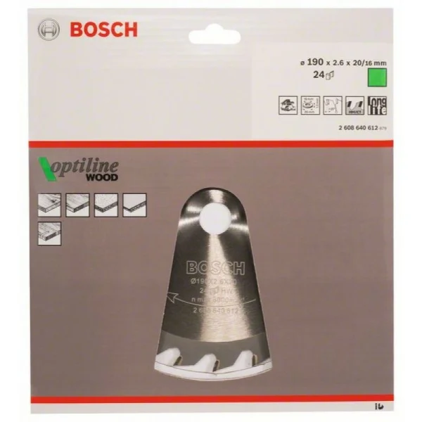 Пильный диск Optiline Wood 190x20/16x2,6 мм, 24 Bosch 2608640612 — изображение 2