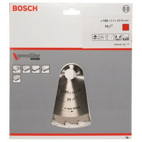 Пильный диск Speedline Wood 190x20/16x2,6 мм, 24 Bosch 2608640799 — изображение 2