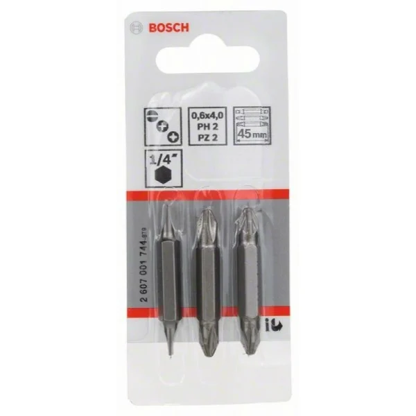 Набор из 3 двухсторонних насадок-бит S 0,6x4,0, PH2, PZ2; S 0,6x4,0, PH2, PZ2; 45 мм Bosch 2607001744 — изображение 2