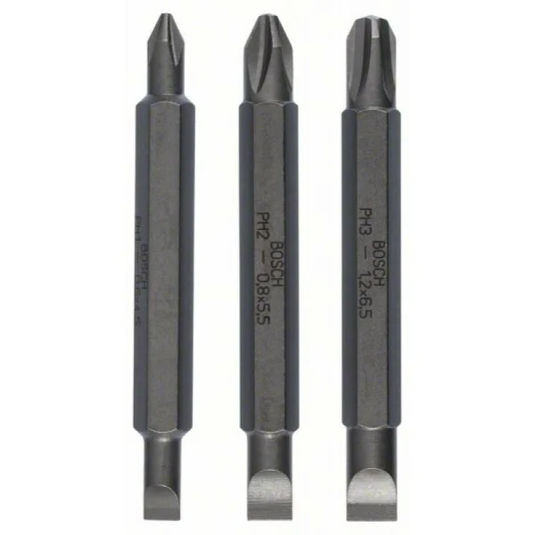 Набор из 3 двухсторонних насадок-бит S 0,6x4,5, S 0,8x5,5, S 1,2x6,5; PH1, PH2, PH3; 60 мм Bosch 2607001746