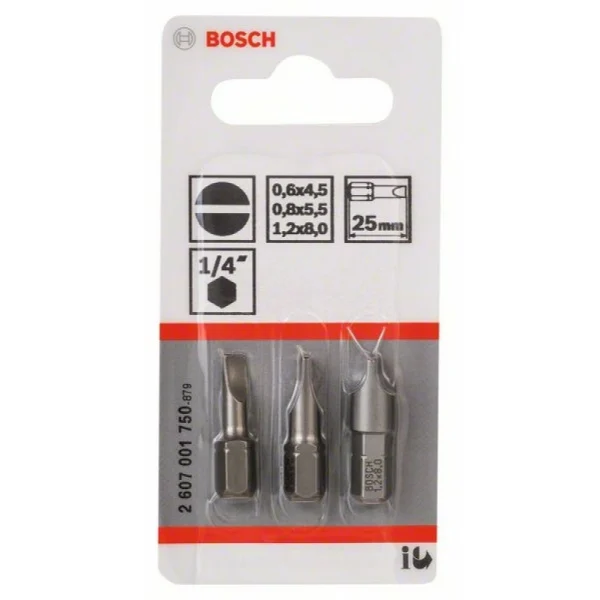 Набор из 3 насадок-бит Extra Hart (S) S 0,6x4,5; S 0,8x5,5; S 1,2x8,0 Bosch 2607001750 — изображение 2