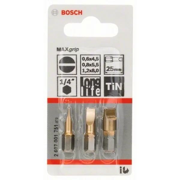 Набор из 3 насадок-бит Max Grip (S) S 0,6x4,5; S 0,8x5,5; S 1,2x8,0; 25 мм Bosch 2607001751 — изображение 2