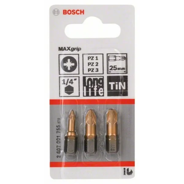 Набор из 3 насадок-бит Max Grip (PZ) PZ1; PZ2; PZ3; 25 мм Bosch 2607001755 — изображение 2