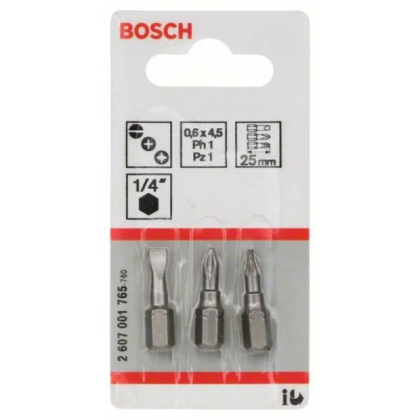 Набор из 3 насадок-бит Extra Hart (смешанный) S 0,6x4,5; PH1; PZ1; 25 мм Bosch 2607001765 — изображение 2