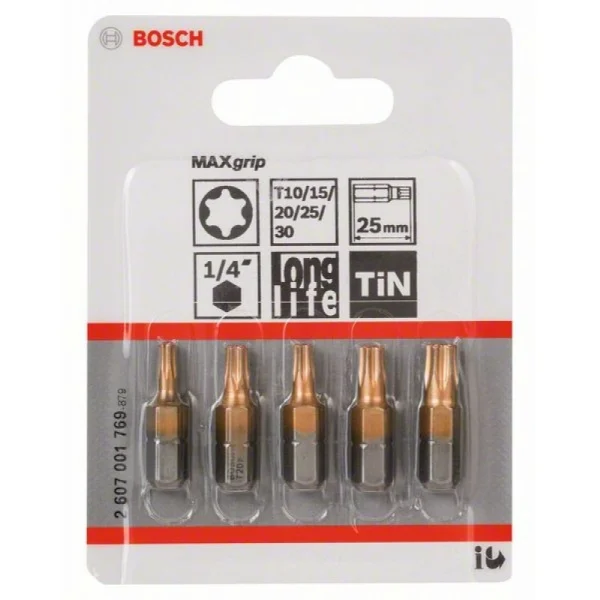 Набор из 5 насадок-бит Max Grip (Torx) T 10; T 15; T 20; T 25; T 30; 25 мм Bosch 2607001769 — изображение 2