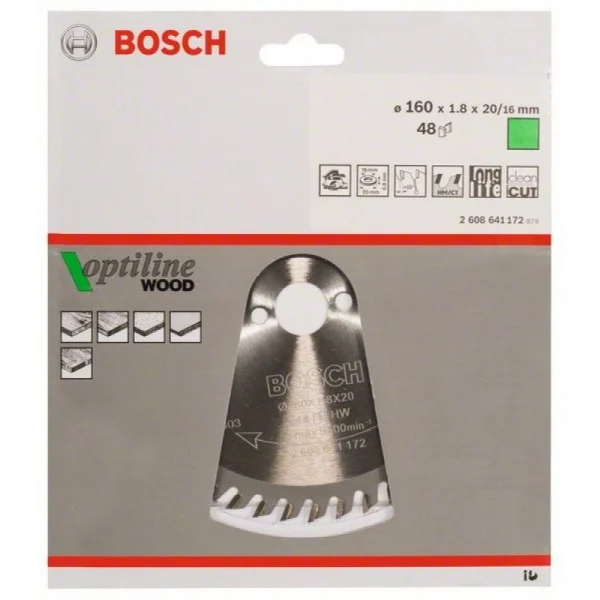 Пильный диск Optiline Wood 160x20/16x1,8 мм, 48 Bosch 2608641172 — изображение 2