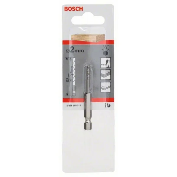 Спиральное сверло по древесине с шестигранным хвостовиком 1/4' 2x24x62 мм Bosch 2608595518 — изображение 2