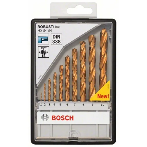 Набор из 10 сверл по металлу Robust Line HSS-TiN, 135° (1-10 мм) Bosch 2607010536 — изображение 2